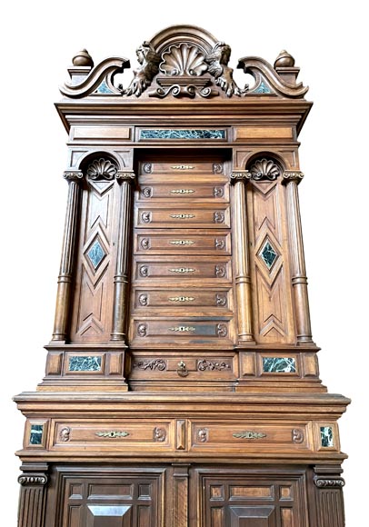 Neo-Renaissance ceremonial cabinet, Napoléon III period, carved walnut with sea-green marble inserts-4