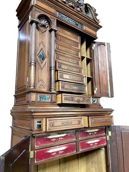Neo-Renaissance ceremonial cabinet, Napoléon III period, carved walnut with sea-green marble inserts-6
