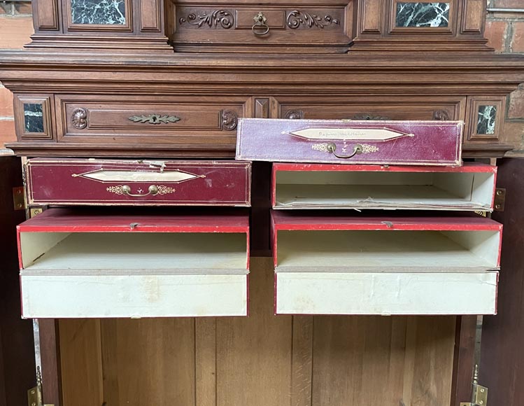 Neo-Renaissance ceremonial cabinet, Napoléon III period, carved walnut with sea-green marble inserts-7