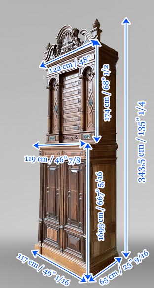 Neo-Renaissance ceremonial cabinet, Napoléon III period, carved walnut with sea-green marble inserts-11