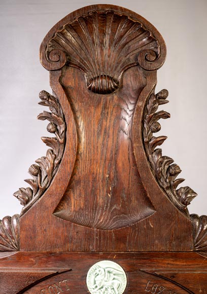 DECK Théodore, monumental oak mirror with green glazed faience medallions-2