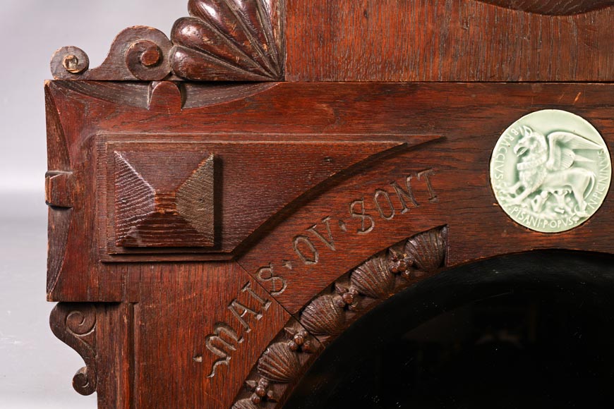 DECK Théodore, monumental oak mirror with green glazed faience medallions-8