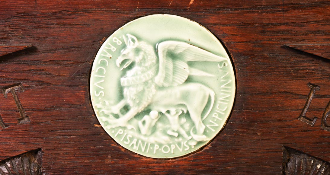 DECK Théodore, monumental oak mirror with green glazed faience medallions-11