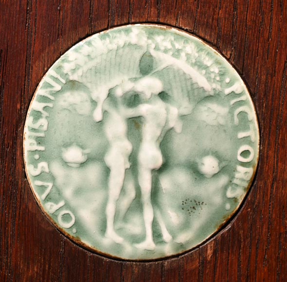 DECK Théodore, monumental oak mirror with green glazed faience medallions-13