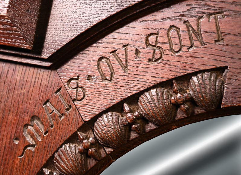 DECK Théodore, monumental oak mirror with green glazed faience medallions-16