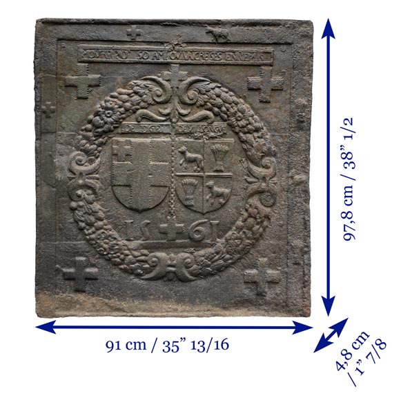 Fireback from 1561 with the alliance arms of Jacques de Tige and Blanche de Villelongue.-9