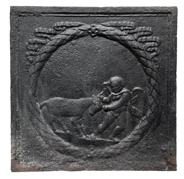 Fireback from the 18th century featuring a love playing with a goat-0