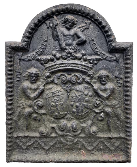 18th century fireback with two shields surrounded by three wild men-0