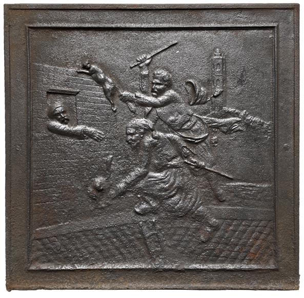 Fireback from the 19th century representing a chase scene of a cat probably taken from a tale-0