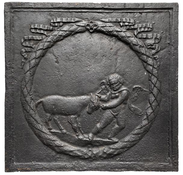 Fireback from the XVIIIth century showing a lover having fun with a goat-0
