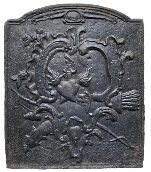 18th century Louis XV style fireback with two flaming hearts on a rocaille background-0
