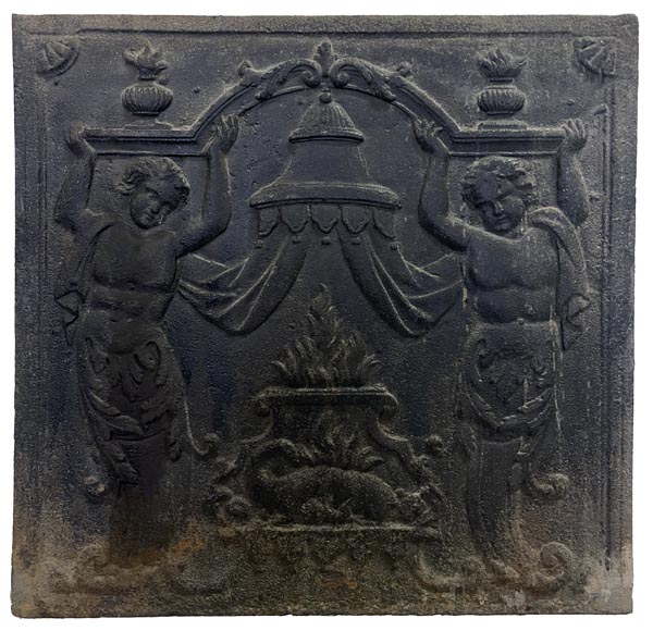 Fireback of the 18th century with two atlantes supporting an entablature with fire vases-0