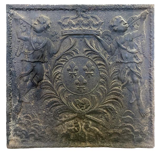 Fireback with the coat of arms of France framed by two angels blowing trumpets 18th century-0