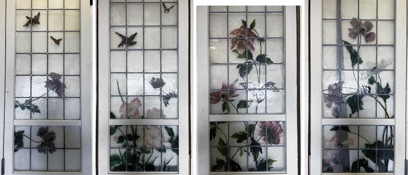 Quadruple sliding door with stained glass windows featuring birds and plants-1