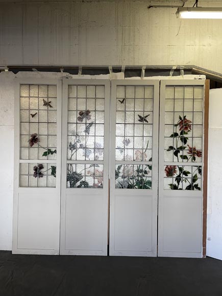 Quadruple sliding door with stained glass windows featuring birds and plants-3