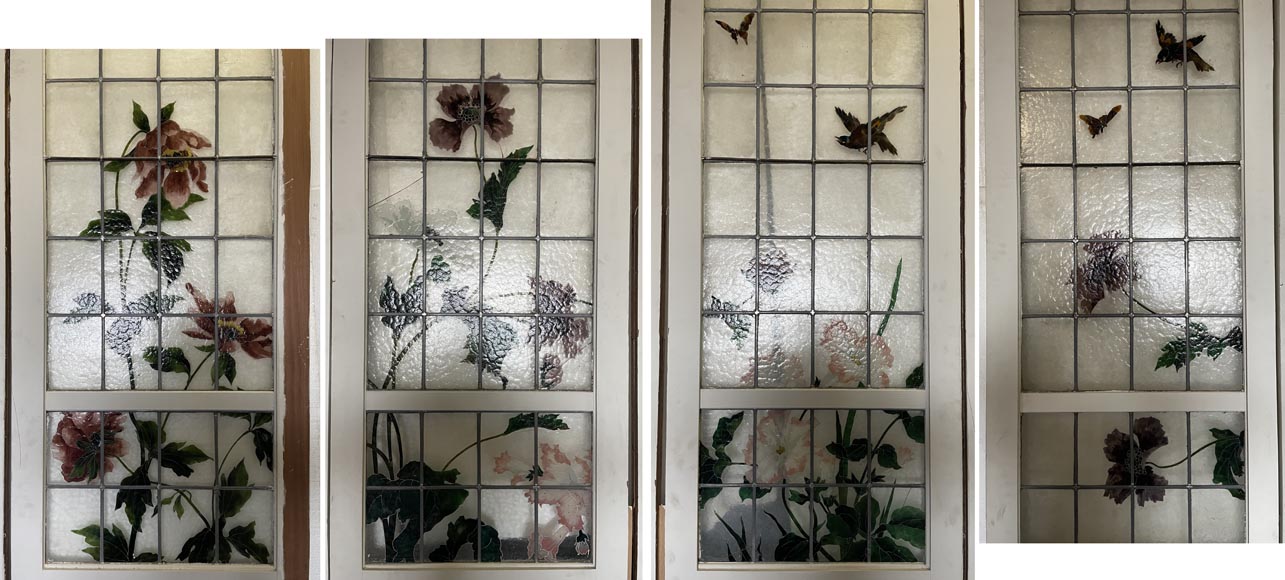 Quadruple sliding door with stained glass windows featuring birds and plants-6