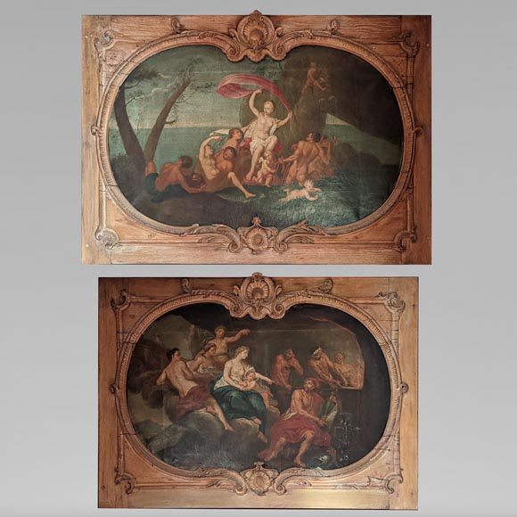 Pair of Louis XV period door overmantels depicting scenes from the life of Venus-0