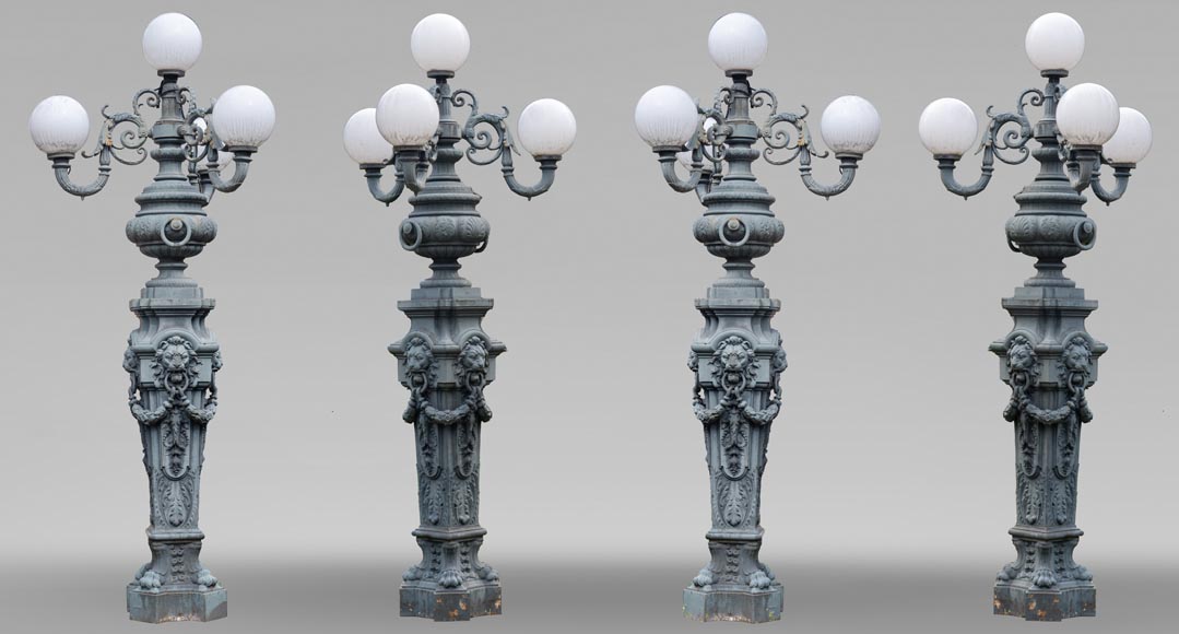 Four cast iron lamp posts of the Val d'Osne with four lights-0