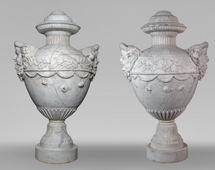 Pair of large marble vases decorated with theatre masks-0