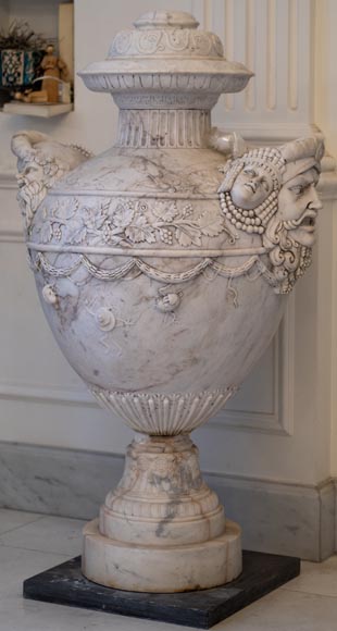 Pair of large marble vases decorated with theatre masks-1