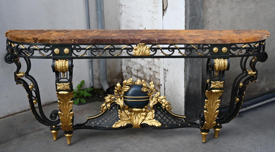 Large wrought iron and Breche de Médous console table-0