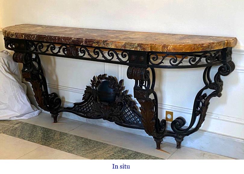 Large wrought iron and Breche de Médous console table-1