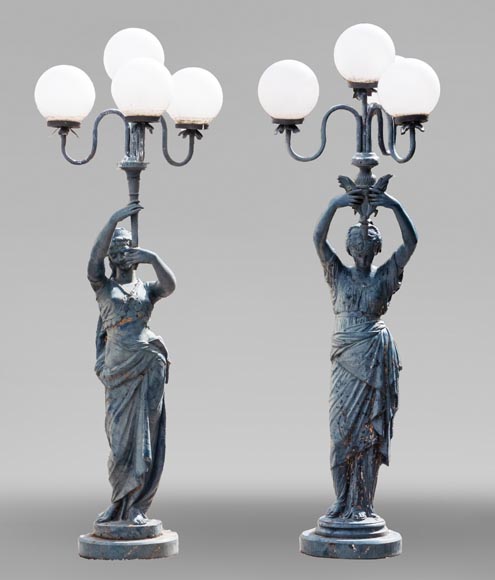 Pair of cast iron floor lamps in the shape of draped women-0