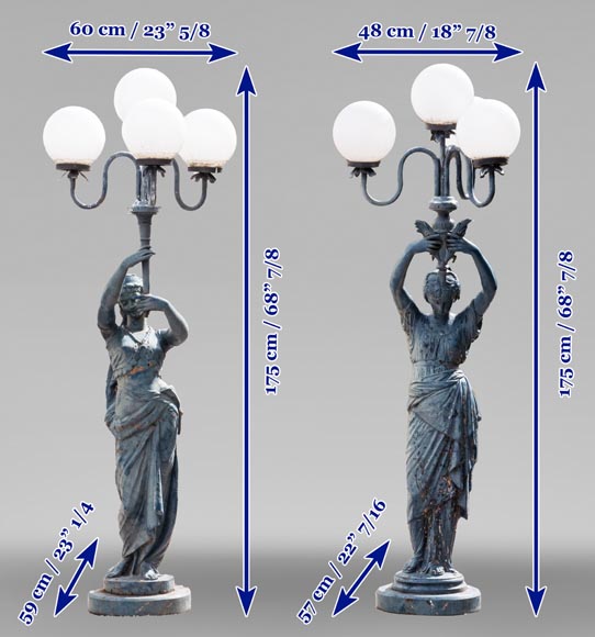 Pair of cast iron floor lamps in the shape of draped women-11