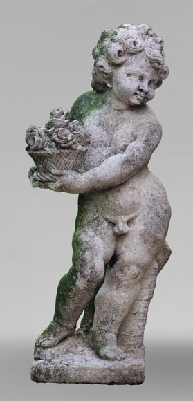 Sculpture of a putto with a flowering basket in composite stone-0