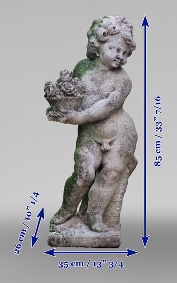 Sculpture of a putto with a flowering basket in composite stone-5