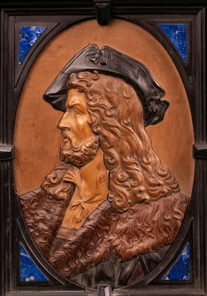 Portrait of Hans Holbein, a wood marquetry painting attributed to FOURDINOIS-1