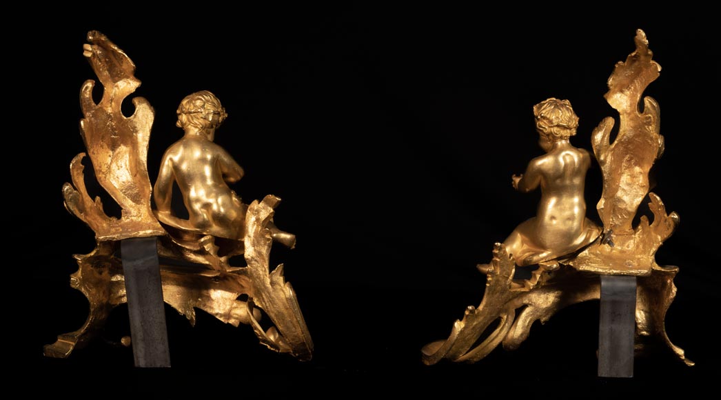 Pair of Louis XV style andirons with putti decoration-8