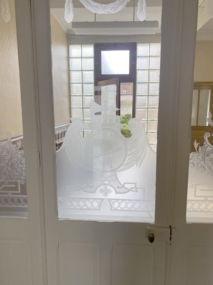 Triple oak door with beautiful sandblasted glass decoration-5