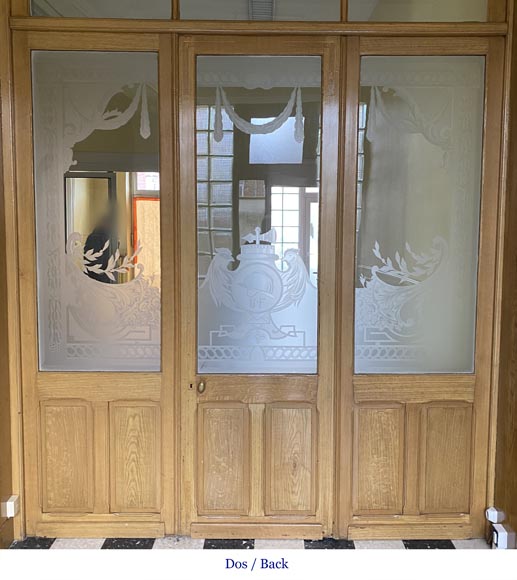 Triple oak door with beautiful sandblasted glass decoration-6