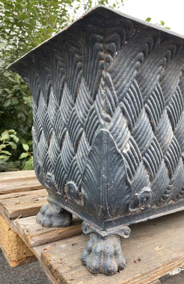 Pair of beautiful cast-iron planters with woven motif and lion's paws-2