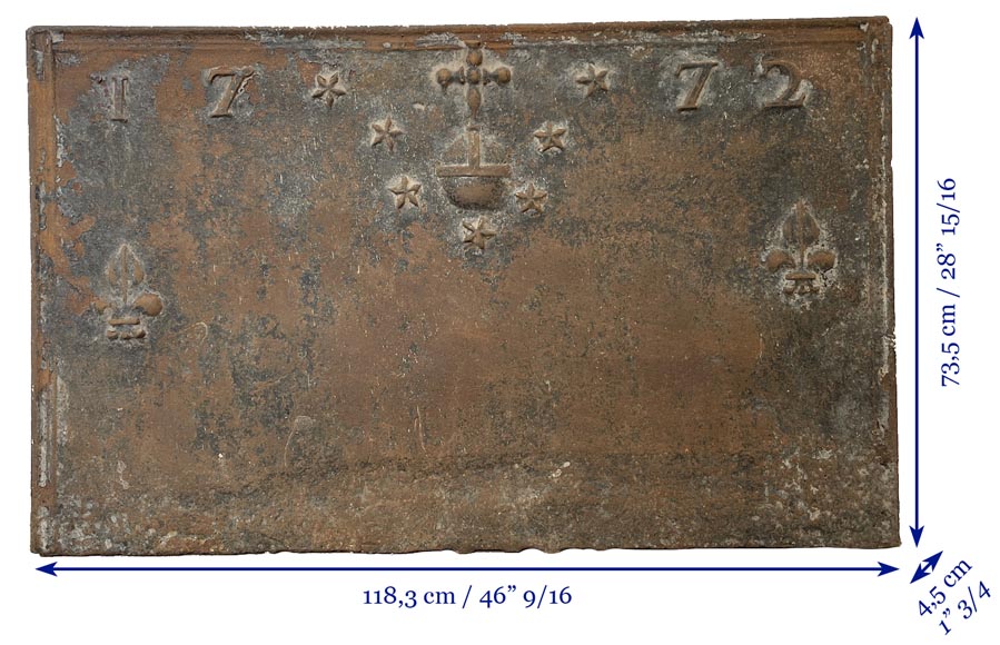 Large fireback with fleur-de-lys, dated 1772-9