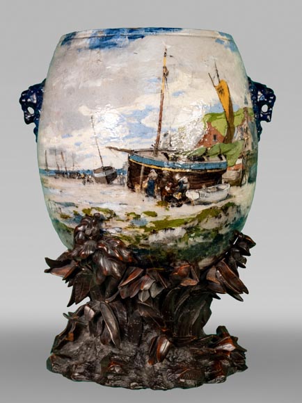 Impressionist decor, large earthenware vase by Louis Auguste LEPÈRE for Faïencerie LAURIN-0