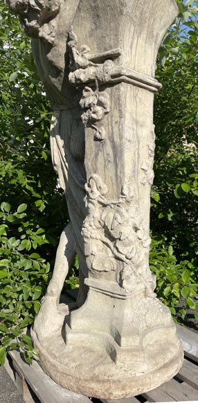 Composite stone garden statue of a woman paying tribute to Baccus-17