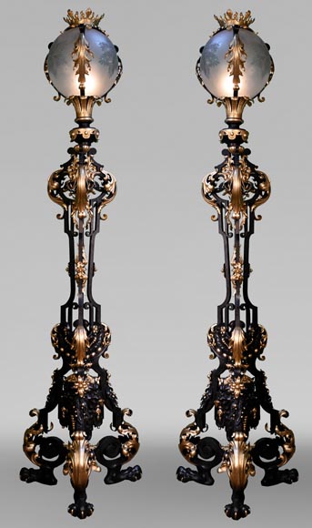 Maison Bernard, wrought iron craftsman, pair of richly decorated floor lamps, circa 1900-1905-0