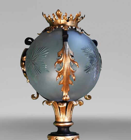 Maison Bernard, wrought iron craftsman, pair of richly decorated floor lamps, circa 1889-2