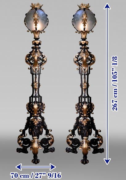 Maison Bernard, wrought iron craftsman, pair of richly decorated floor lamps, circa 1900-1905-6