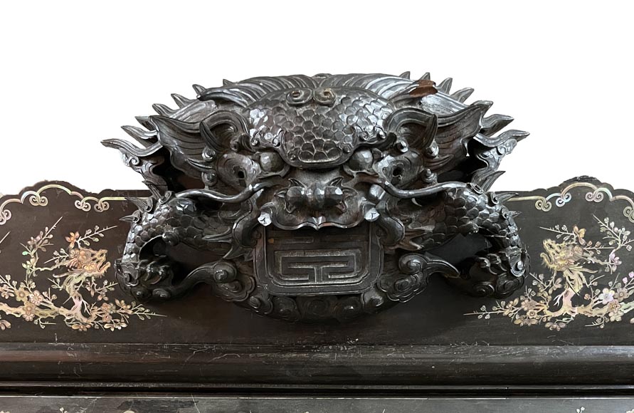 Edmond Chauffrey, Indo-Chinese cabinet with mother-of-pearl marquetry and relief enamelled stained glass-1