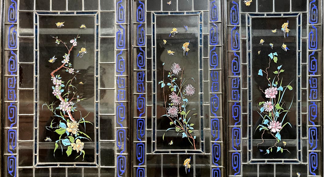 Edmond Chauffrey, Indo-Chinese cabinet with mother-of-pearl marquetry and relief enamelled stained glass-7