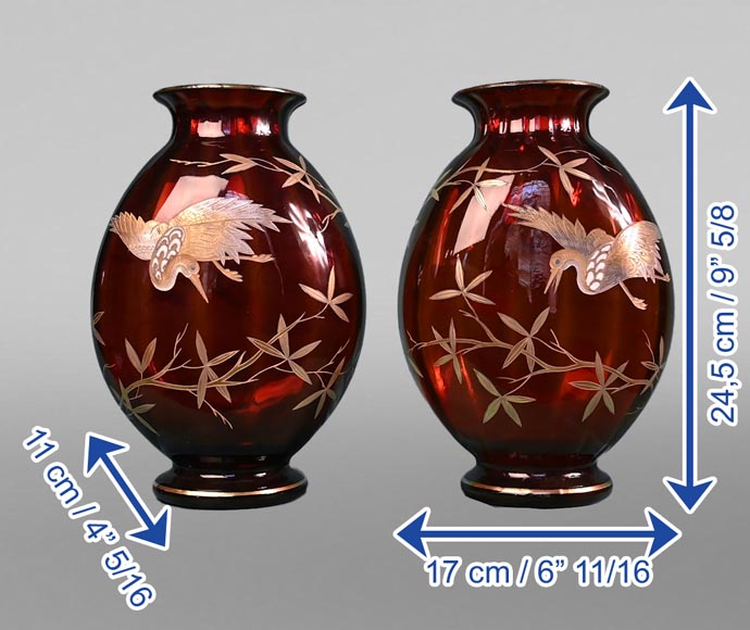 Cristallerie Saint-Louis, Pair of ruby vases with Japanese