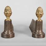 Pair of pinecone andirons in cast iron and polished bronze