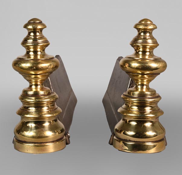 Pair of cast iron and polished bronze andirons-0