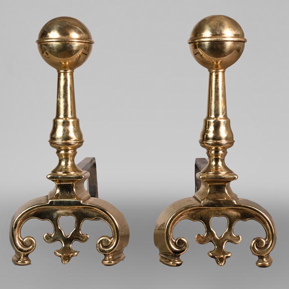 Pair of cast iron and polished bronze andirons-0