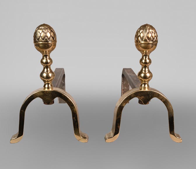 Pair of polished bronze chenets with carved acorns, 19th century-0