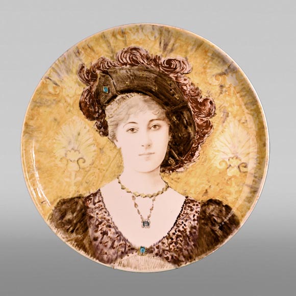 Théodore DECK, dish with female bust, second half of the 19th century-0