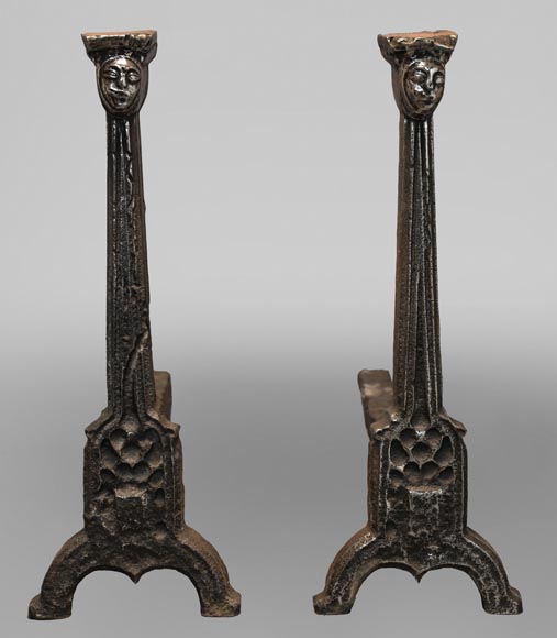 Pair of andirons with faces-0